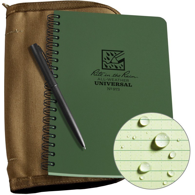 Rite in the Rain All-Weather Universal Notebook Kit in tan cover, featuring a waterproof notebook and pen for outdoor use.